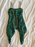 Vintage Y2K green silk paisley handkerchief hem bandeau forest fairy cami with iridescent sequins