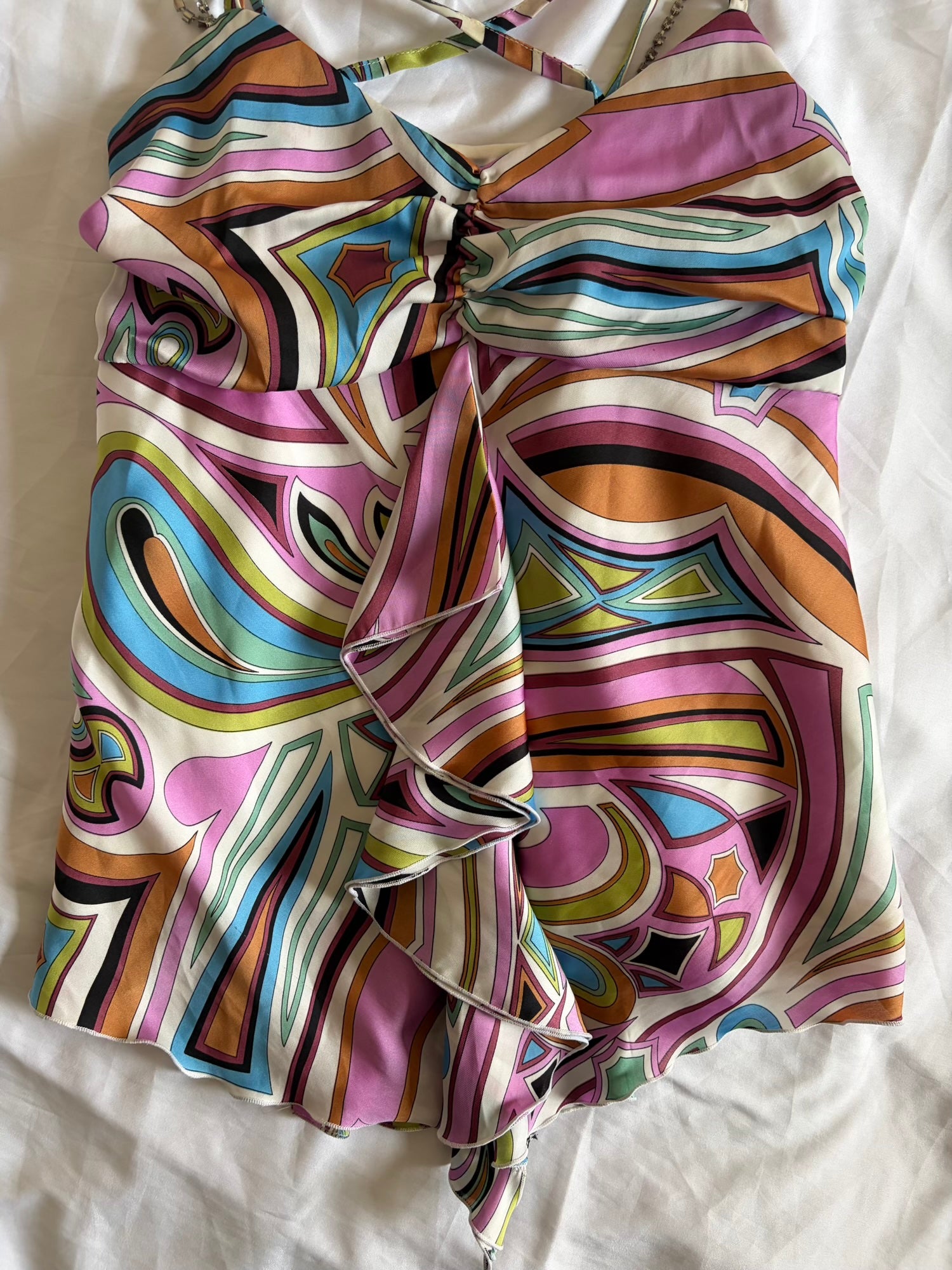 Vintage Y2K Japanese Pucci Inspired Asymmetrical Hem Cami with Diamonte Straps