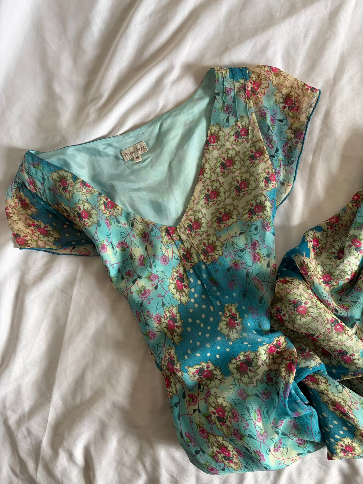Vintage 1990s Silk Patchwork Polka Dot and Floral Floaty Dress