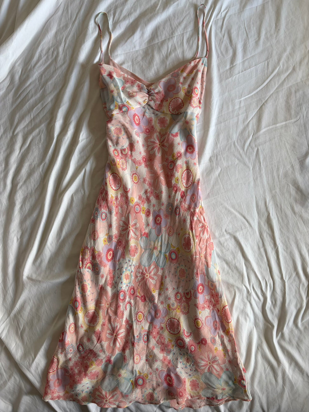 Vintage Y2K Pastel Floral Midi Dress with Ruched Bust