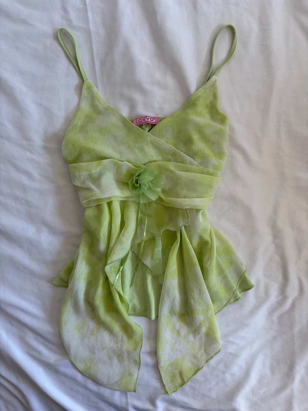 Vintage Y2K Neon Green Handkerchief Hem Cami with Floral Brooch