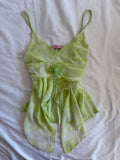 Vintage Y2K Neon Green Handkerchief Hem Cami with Floral Brooch