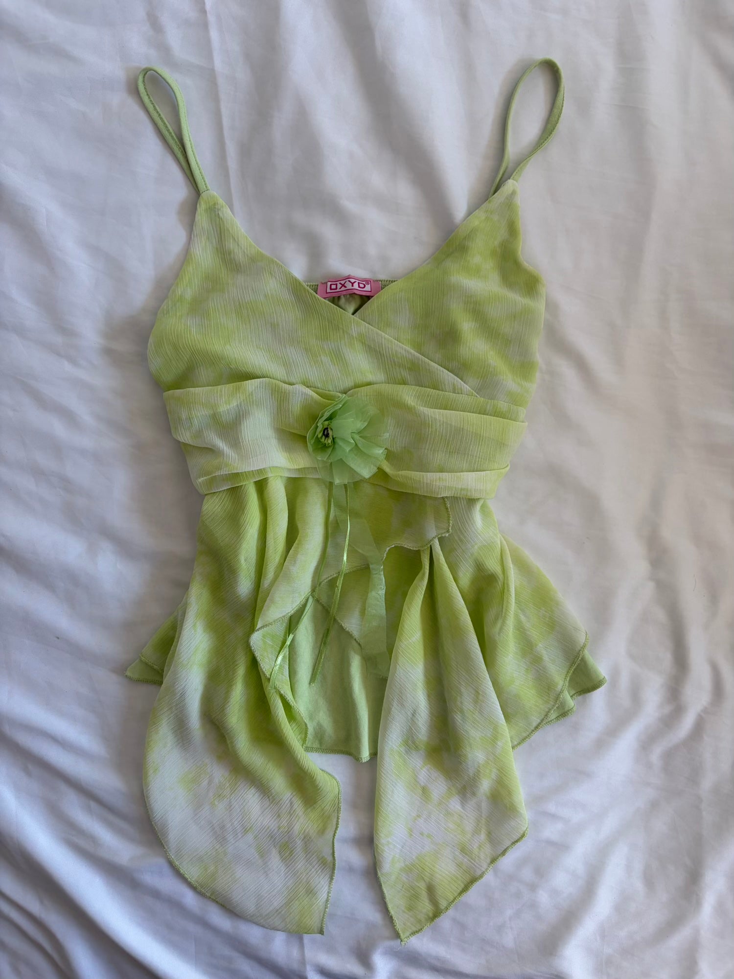 Vintage Y2K Neon Green Handkerchief Hem Cami with Floral Brooch