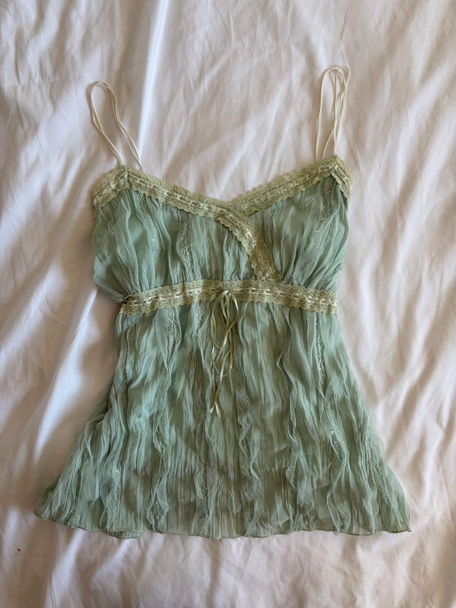 Vintage Y2K mint Japanese cami with lace, ribbon and sequins