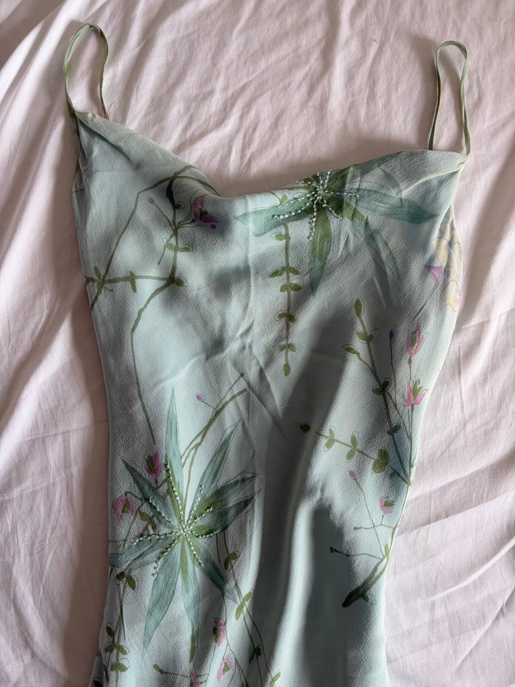 Vintage 1990s Silk Pastel Midi Dress with Florals and Beading