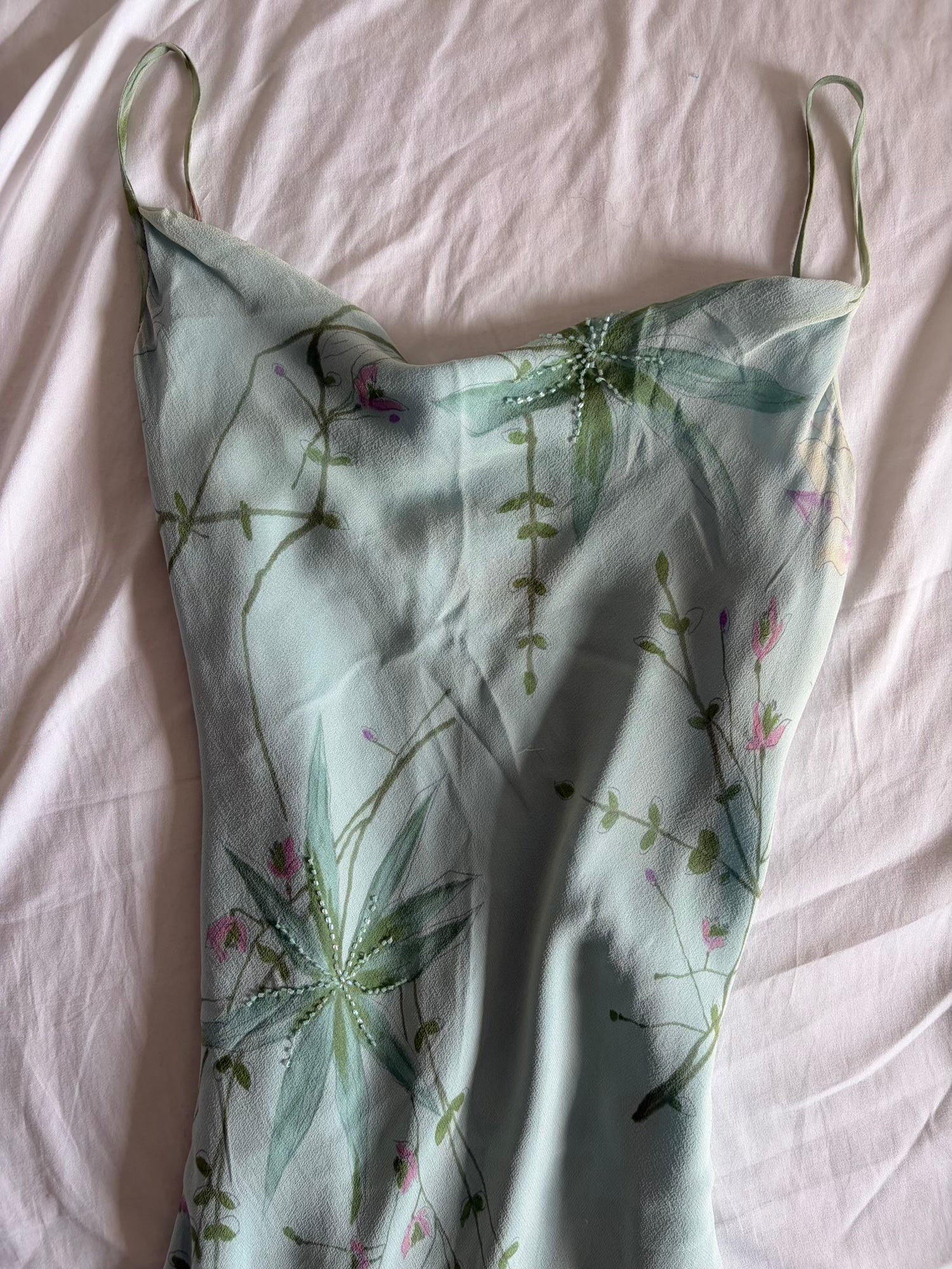 Vintage 1990s Silk Pastel Midi Dress with Florals and Beading