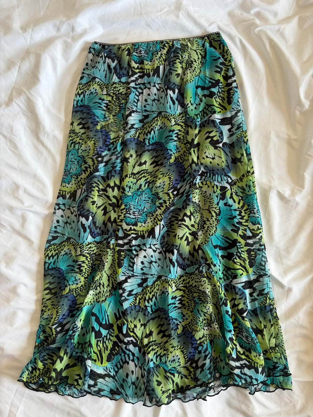 Vintage 1990s Green and Blue Floaty Hem Skirt with Picot Elastic Waist