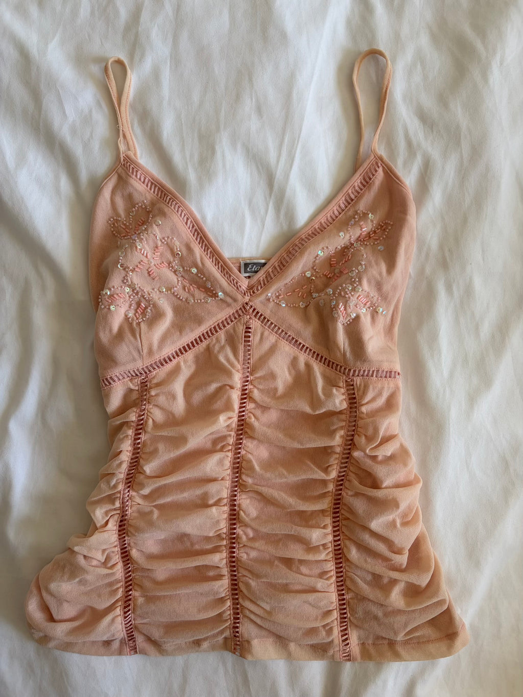 Vintage Y2K baby pink ruched cami with beaded and sequin detail on bust