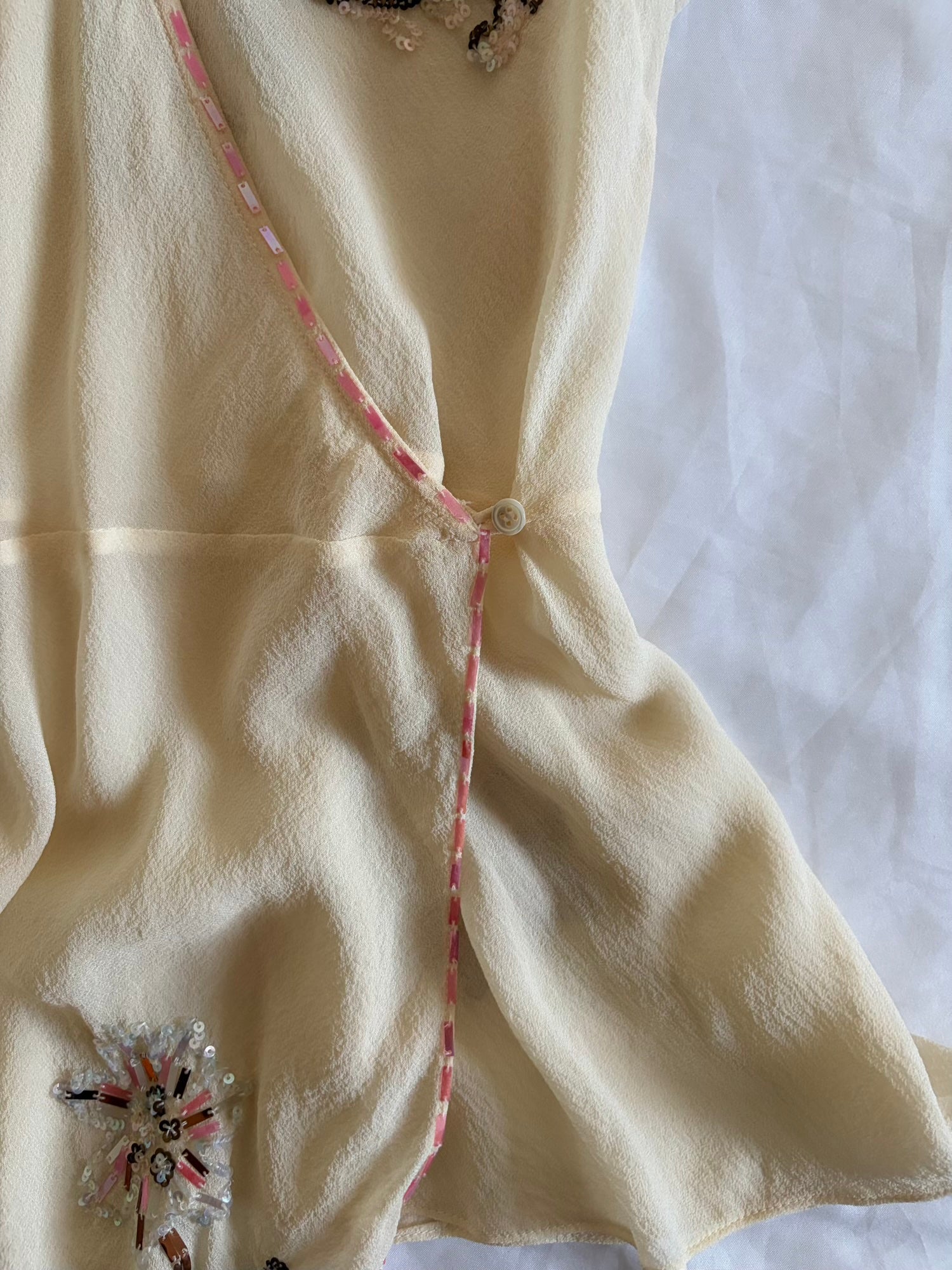 Vintage Y2K Cream Silk Asymmetrical Hem Wrap Blouse with Sequins and Beads