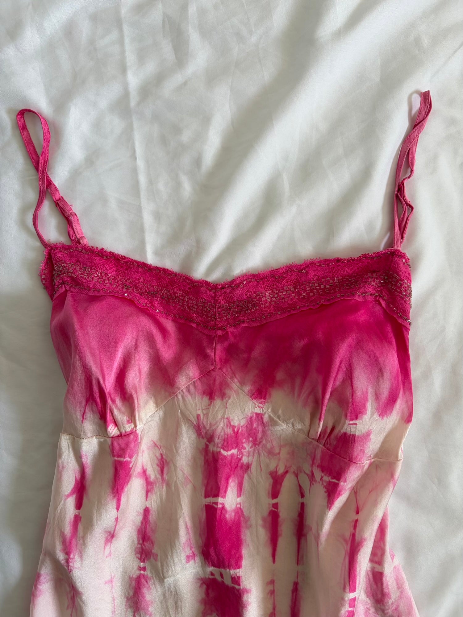 Vintage Y2K Silk Pink and White Tie Dye Beaded Cami