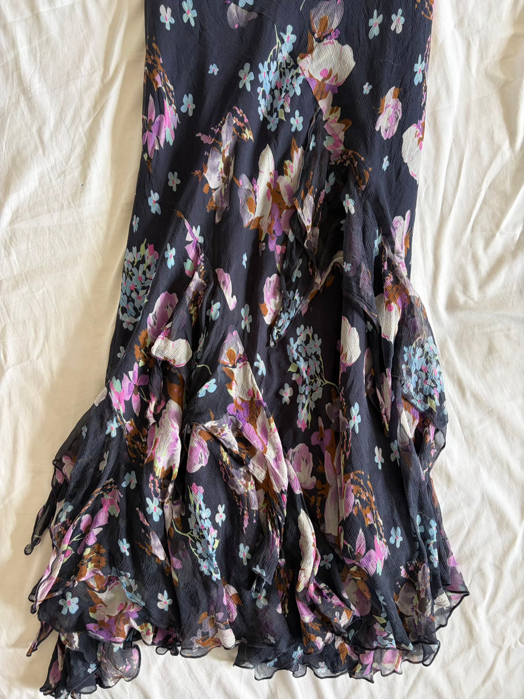 Vintage 1990s Silk Black Floral Fairy Floaty Hem Maxi Skirt Bias Cut