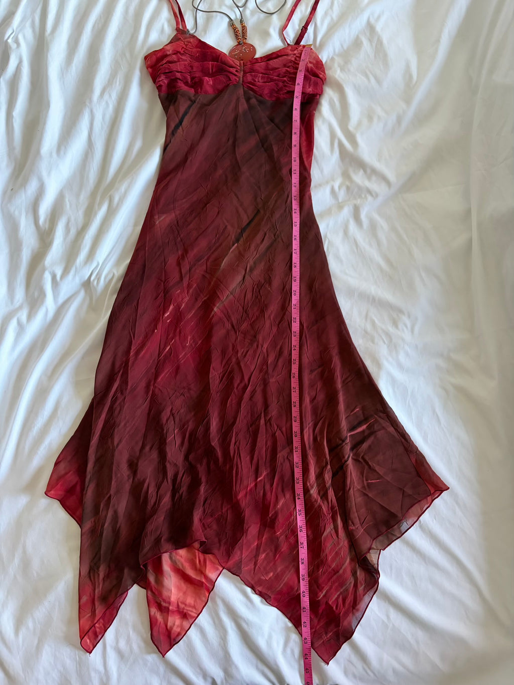 Vintage Y2K handkerchief hem brown and red tie dye ruched bust dress with pendant and beaded detail