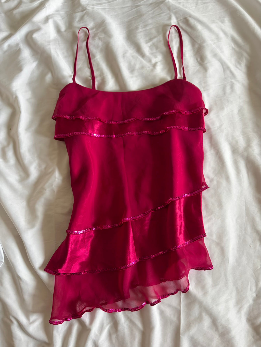 Vintage Y2K hot pink asymmetrical hem ruffle cami with sequin detail