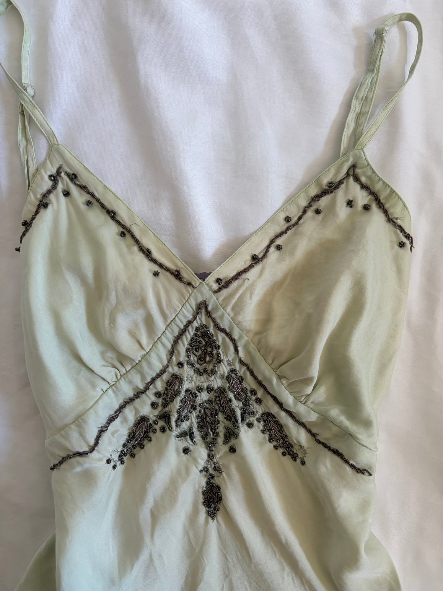 Vintage 1990s Mint Green Silk Cami with Embellishment and Beads