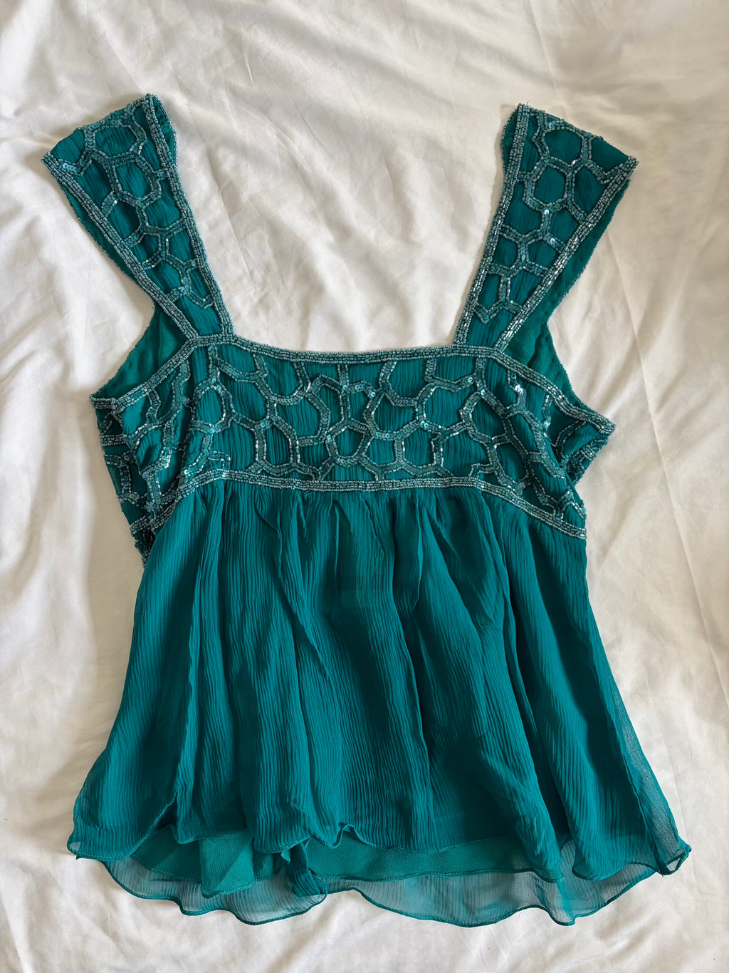 Vintage 2000s Aftershock Silk Teal Beaded Blouse