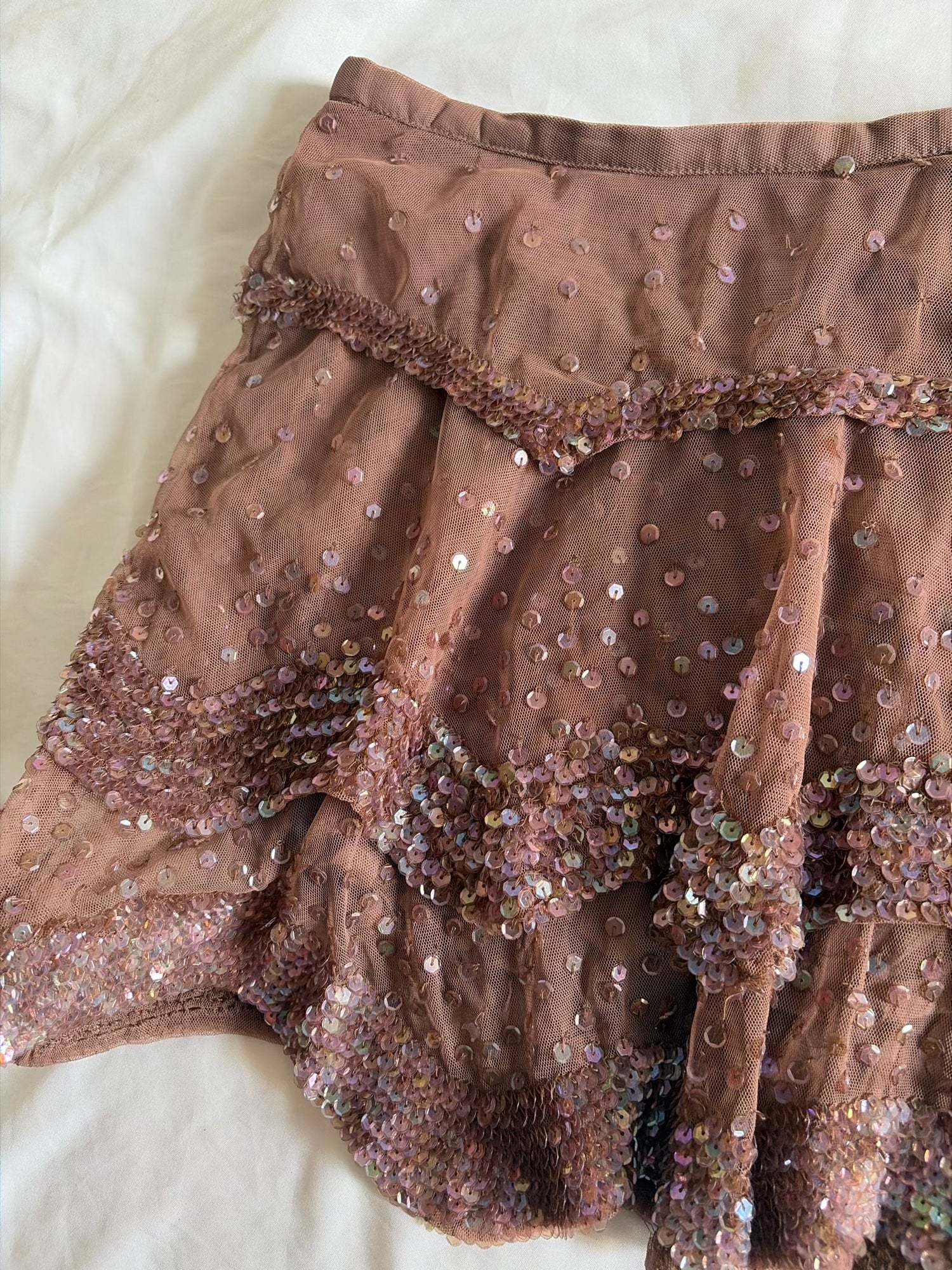 Vintage Y2K Mauve Mesh Ruffle Mini Skirt with Iridescent Sequins