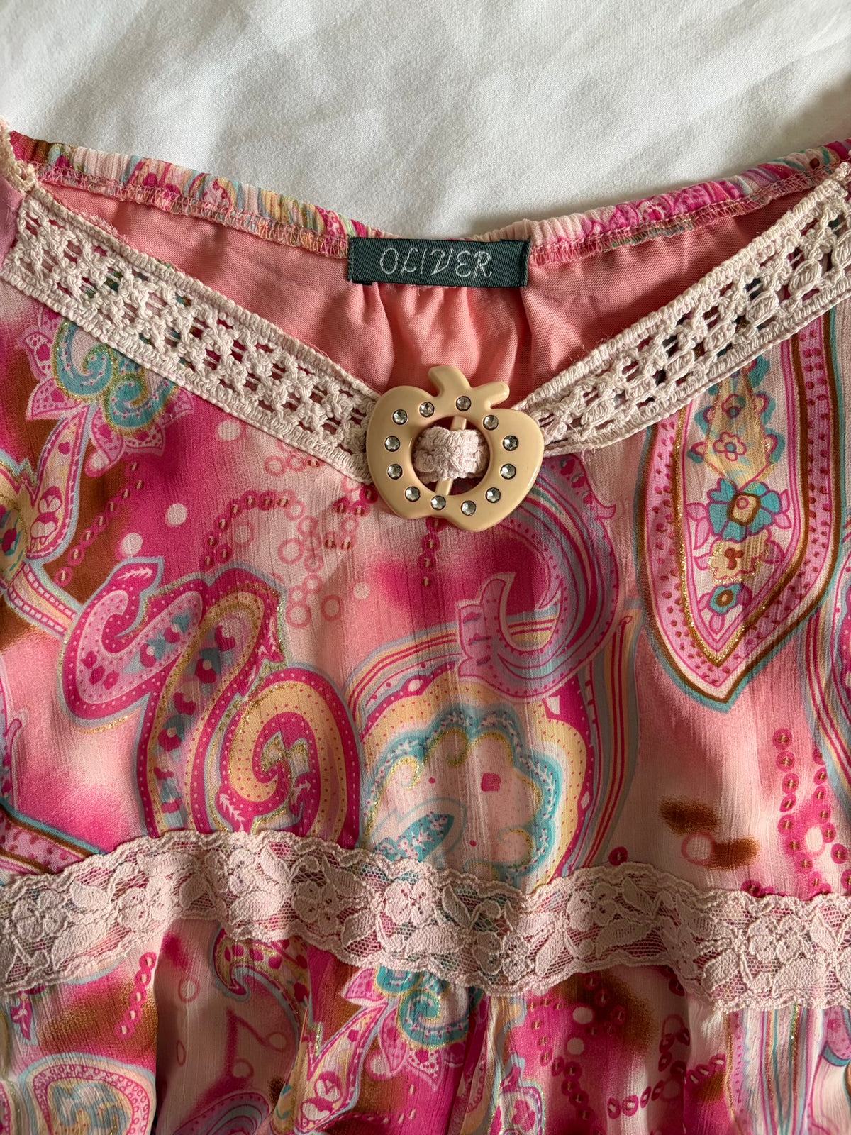 Vintage 2000s Pink Handkerchief Hem Sparkly Paisley and Floral Blouse