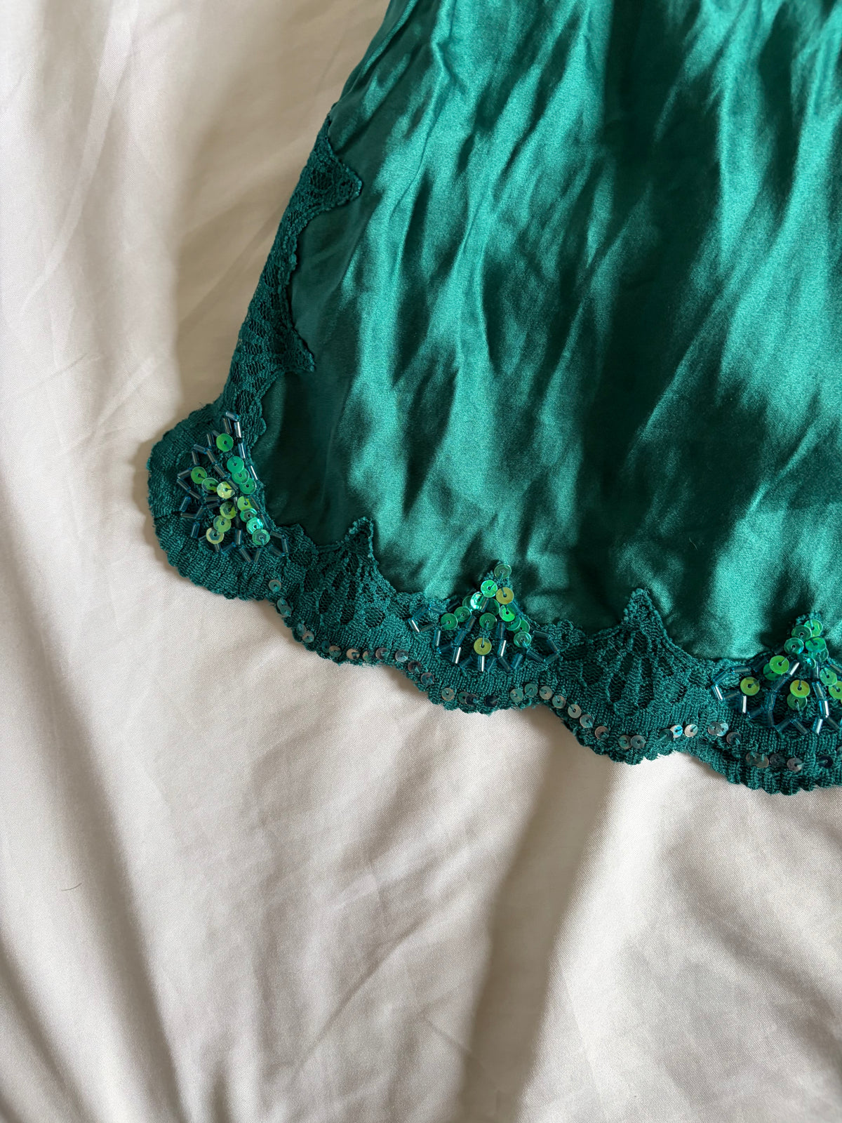 Vintage 1990s Oasis Silk Teal Beaded Mini Slip Dress