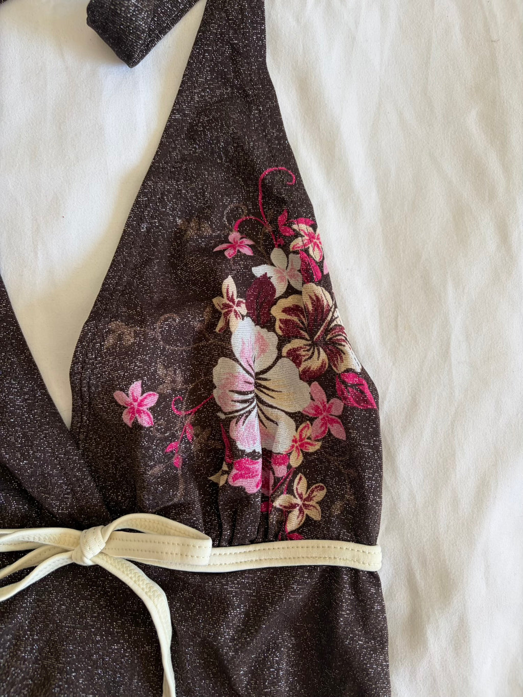 Vintage Y2K Japanese brown sparkly halterneck cami with floral graphic