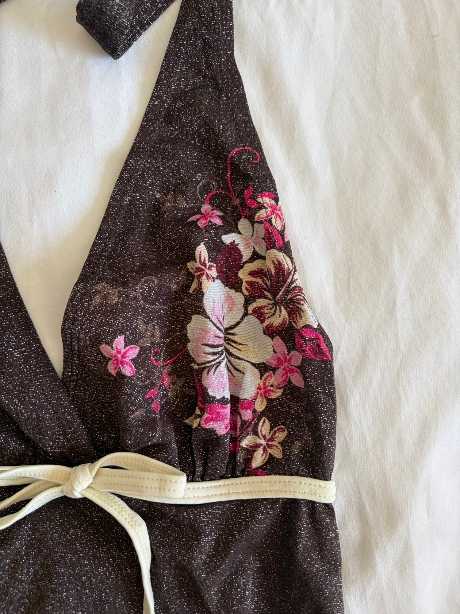 Vintage Y2K Japanese brown sparkly halterneck cami with floral graphic