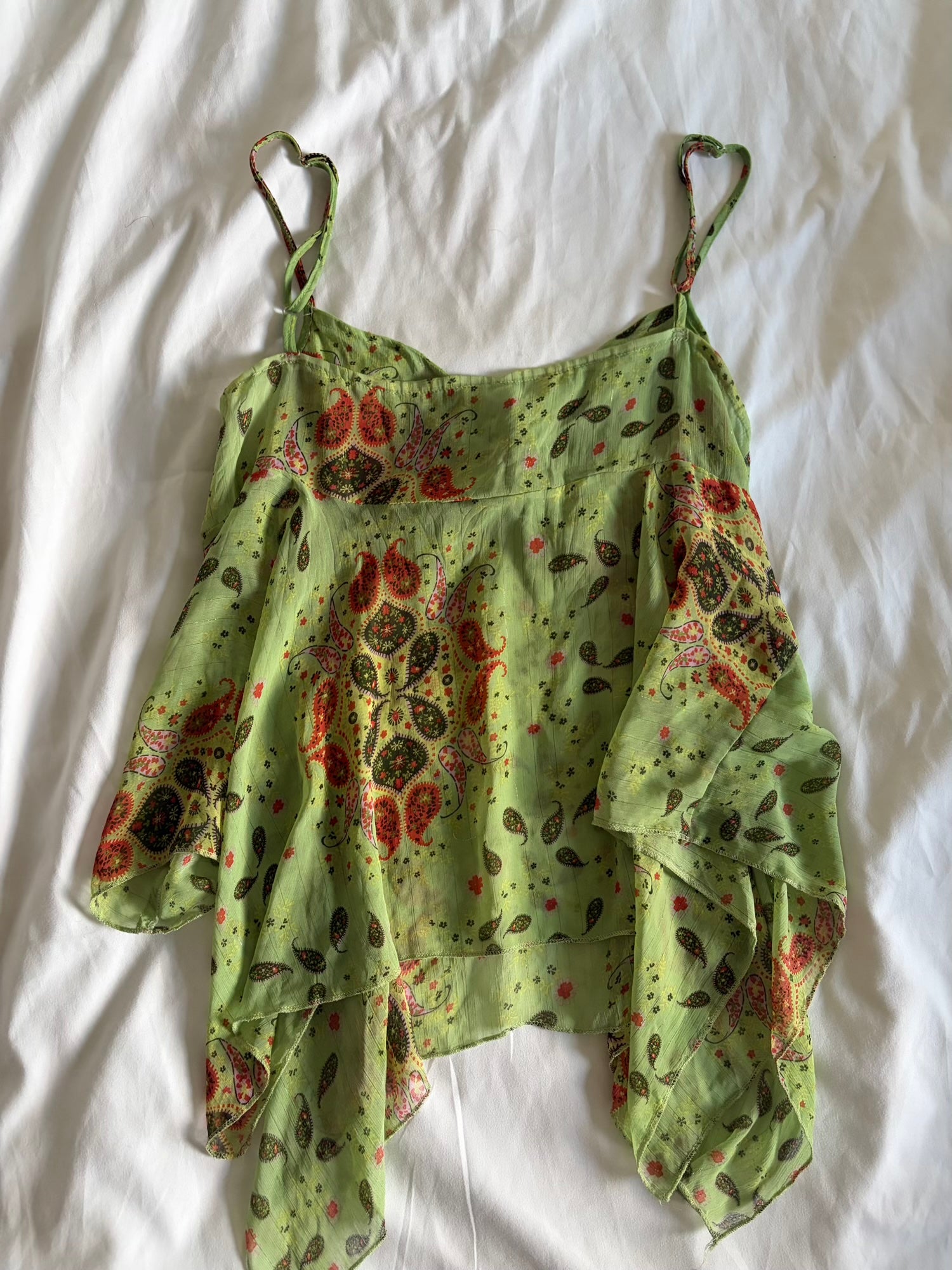 Vintage Y2K green paisley ruched bust cami with handkerchief hem and sparkles