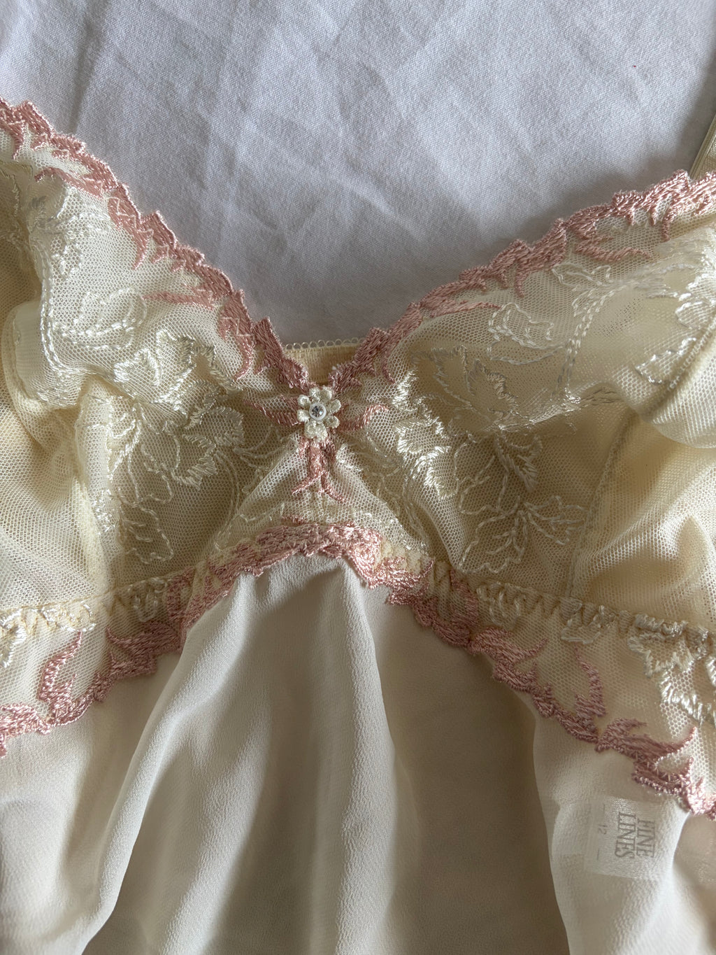 Vintage 1990s Beige Slip with Rose Pink Embroidery