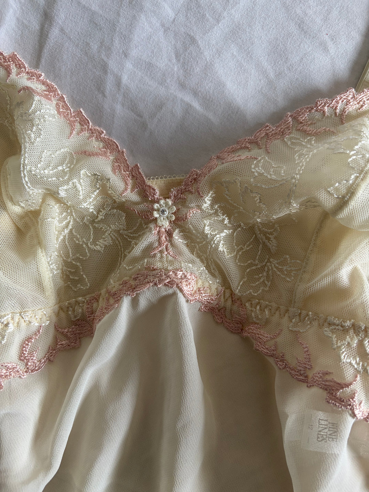Vintage 1990s Beige Slip with Rose Pink Embroidery