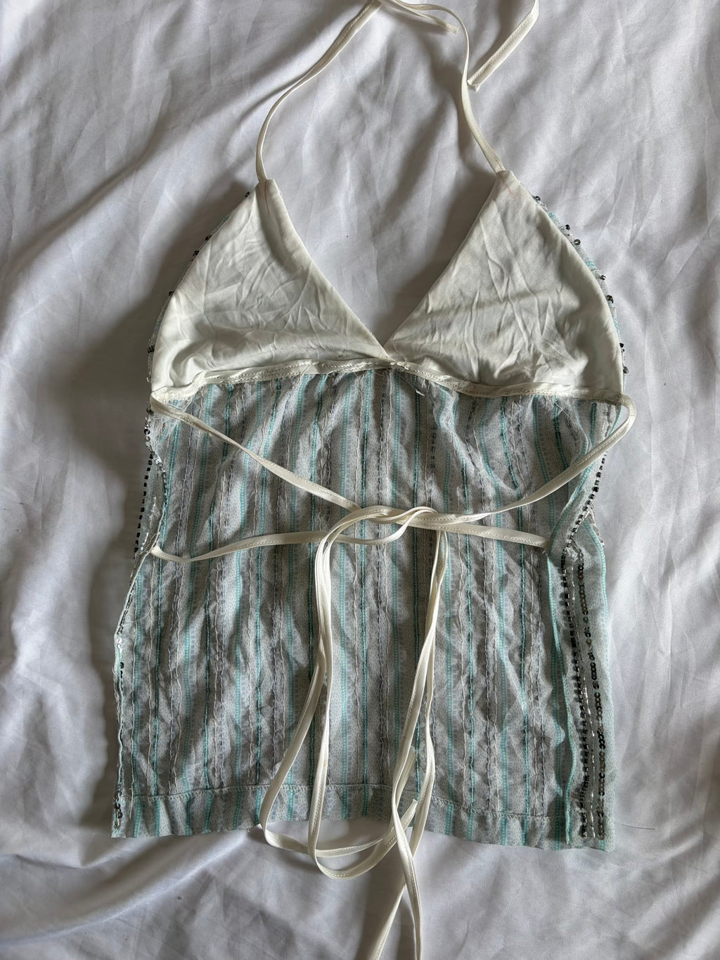 Handmade Backless Blue Cami with Gun Metal Grey and Iridescent Beads and Sequins