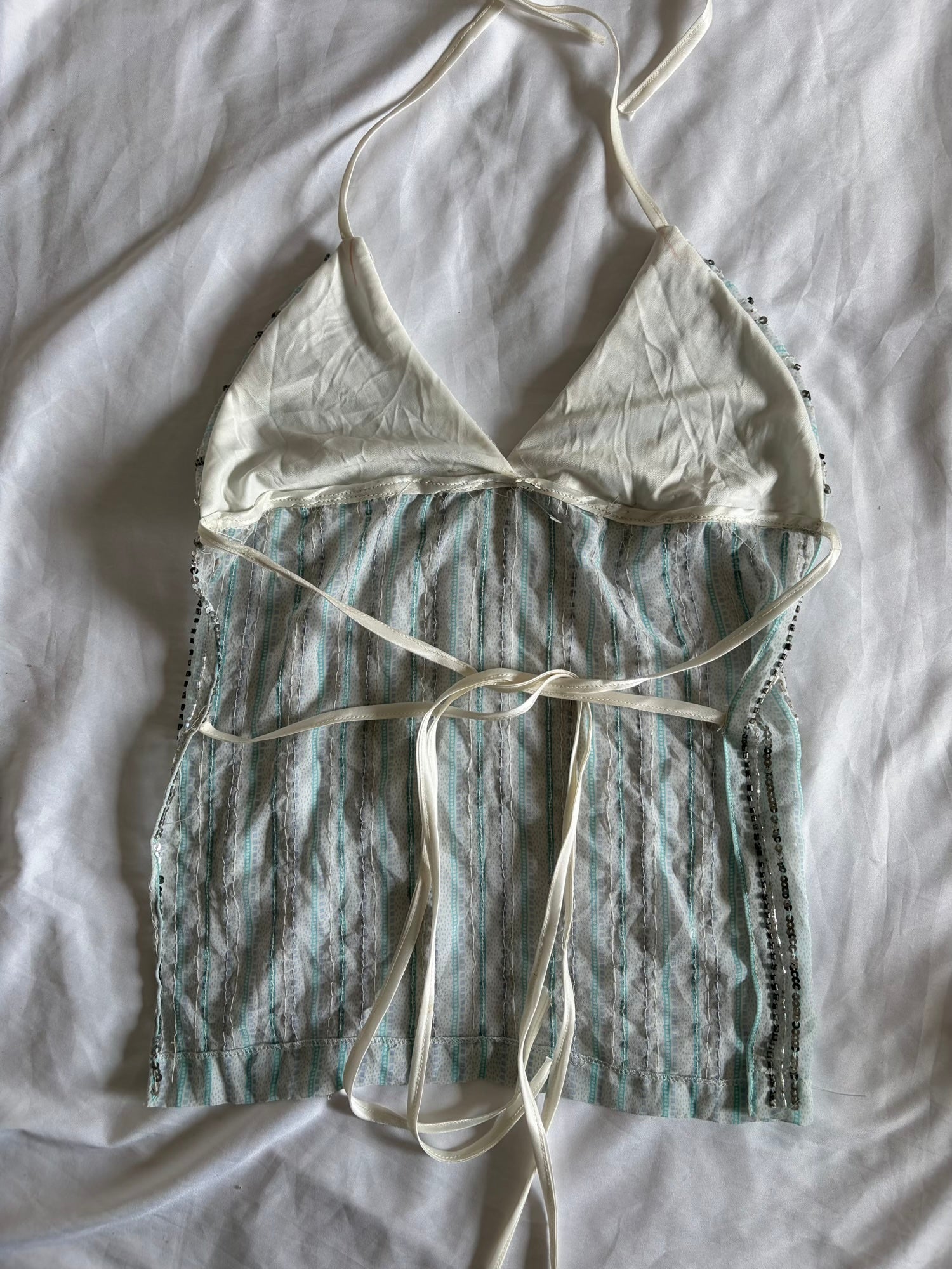 Handmade Backless Blue Cami with Gun Metal Grey and Iridescent Beads and Sequins