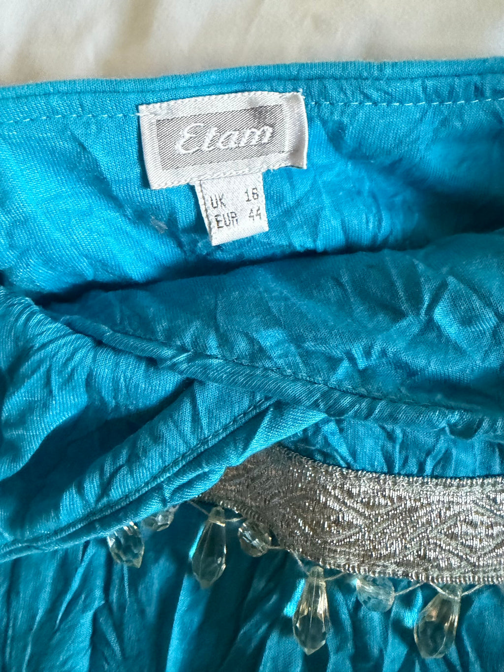 Vintage Y2K crinkle teal cami with underbust beaded detail and asymmetrical hem