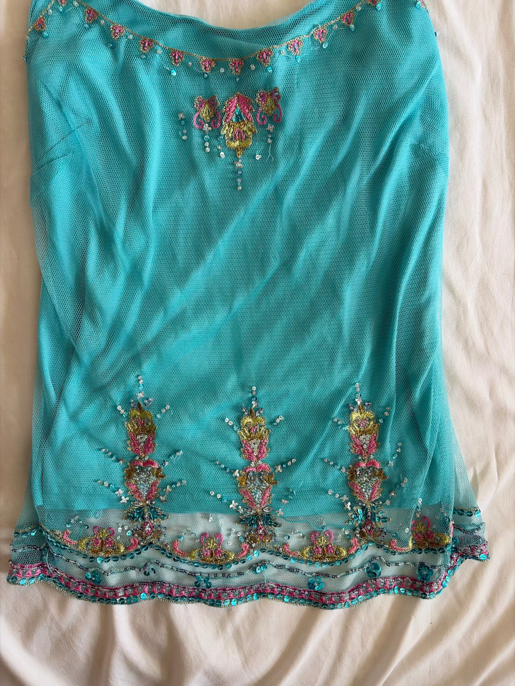 Vintage Y2K Teal Turquoise Mesh Cami Overlay with Embroidery Beads and Sequins