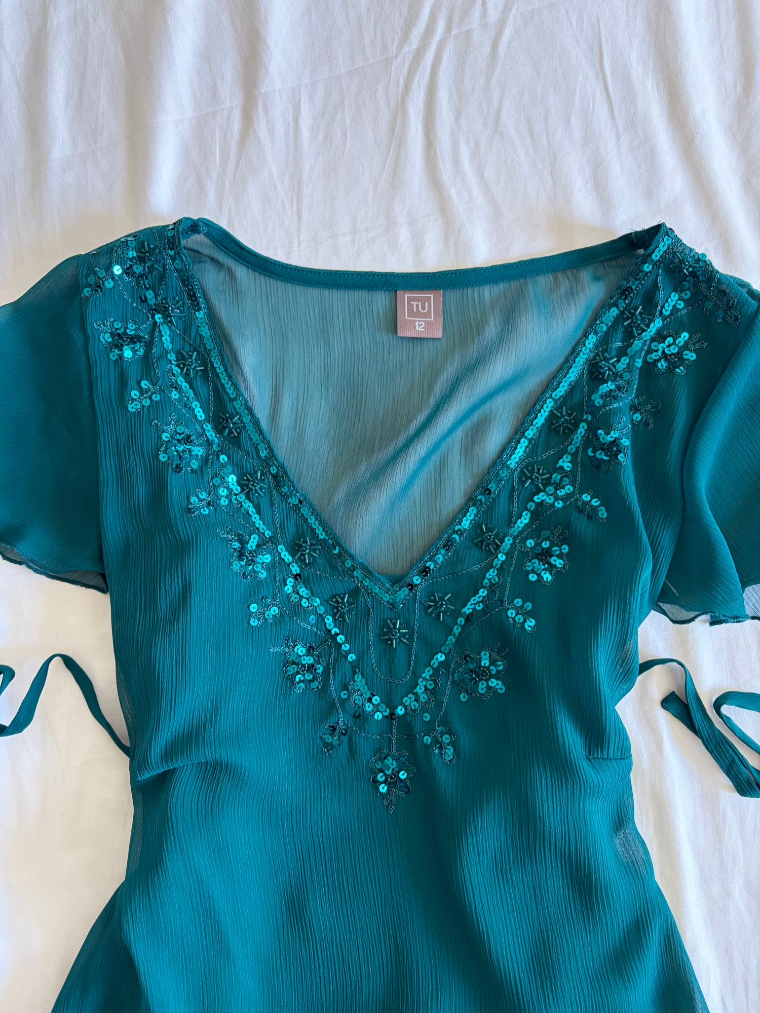 Vintage Y2K Teal Sequin Top with Side Ties and Built-In Cami
