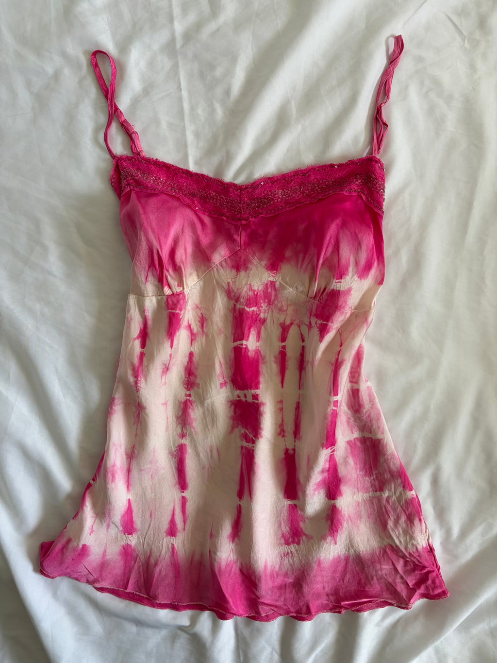 Vintage Y2K Silk Pink and White Tie Dye Beaded Cami