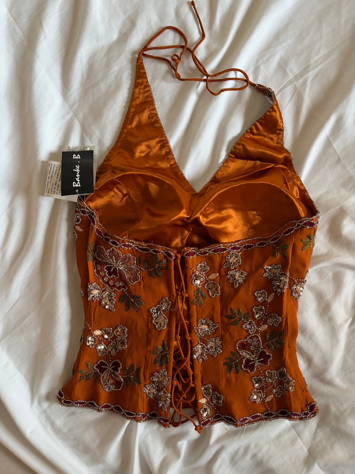 Vintage 2000s Silk Burnt Orange Sequin and Beaded Corset Halter – Size 10–12
