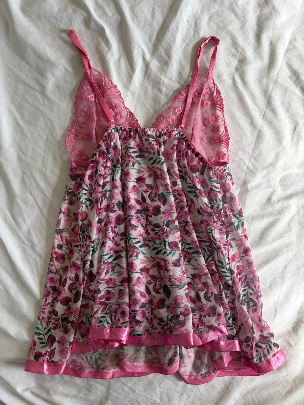 Vintage 2000s Pink Floral Babydoll with Sequin-Embroidered Cups