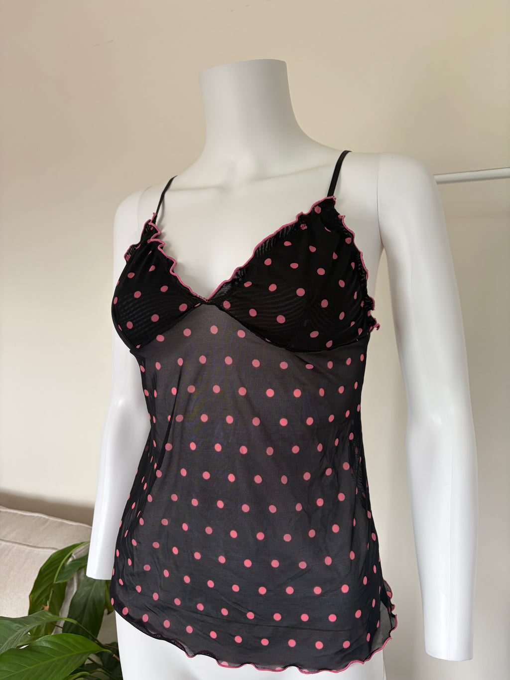 Vintage 2000s Black Mesh Cami with Hot Pink Polka Dots