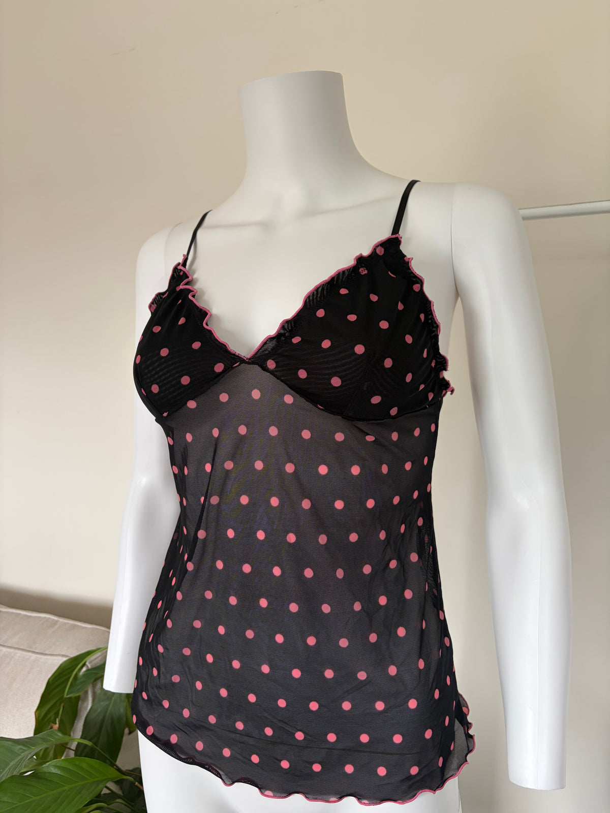 Vintage 2000s Black Mesh Cami with Hot Pink Polka Dots