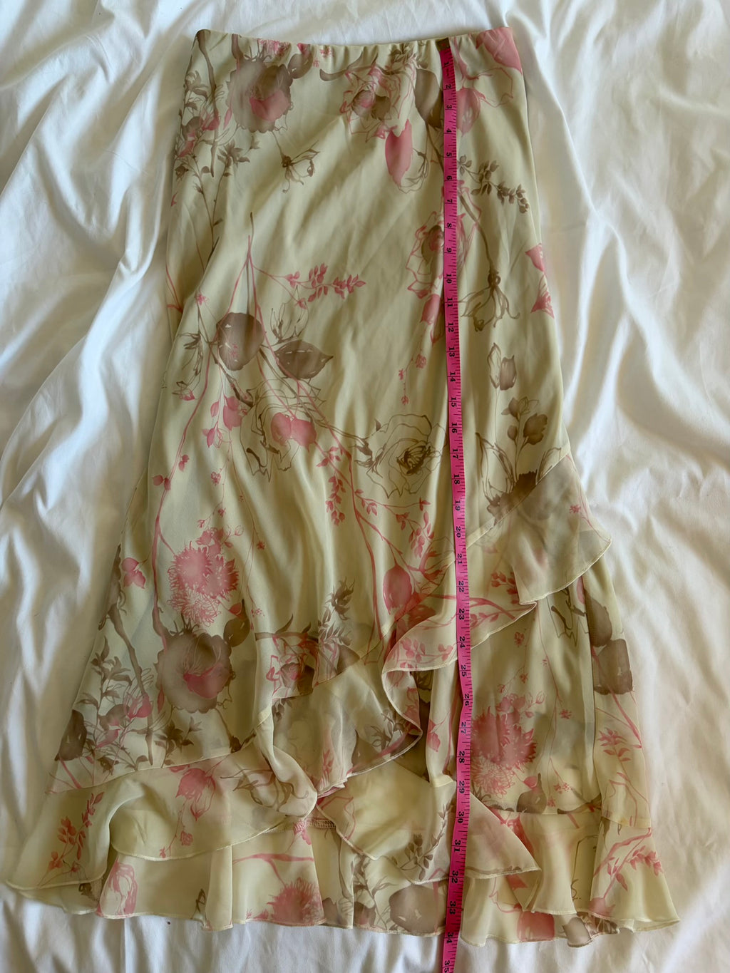 Vintage Y2K double ruffle hem midi skirt with pastel pink floral detail