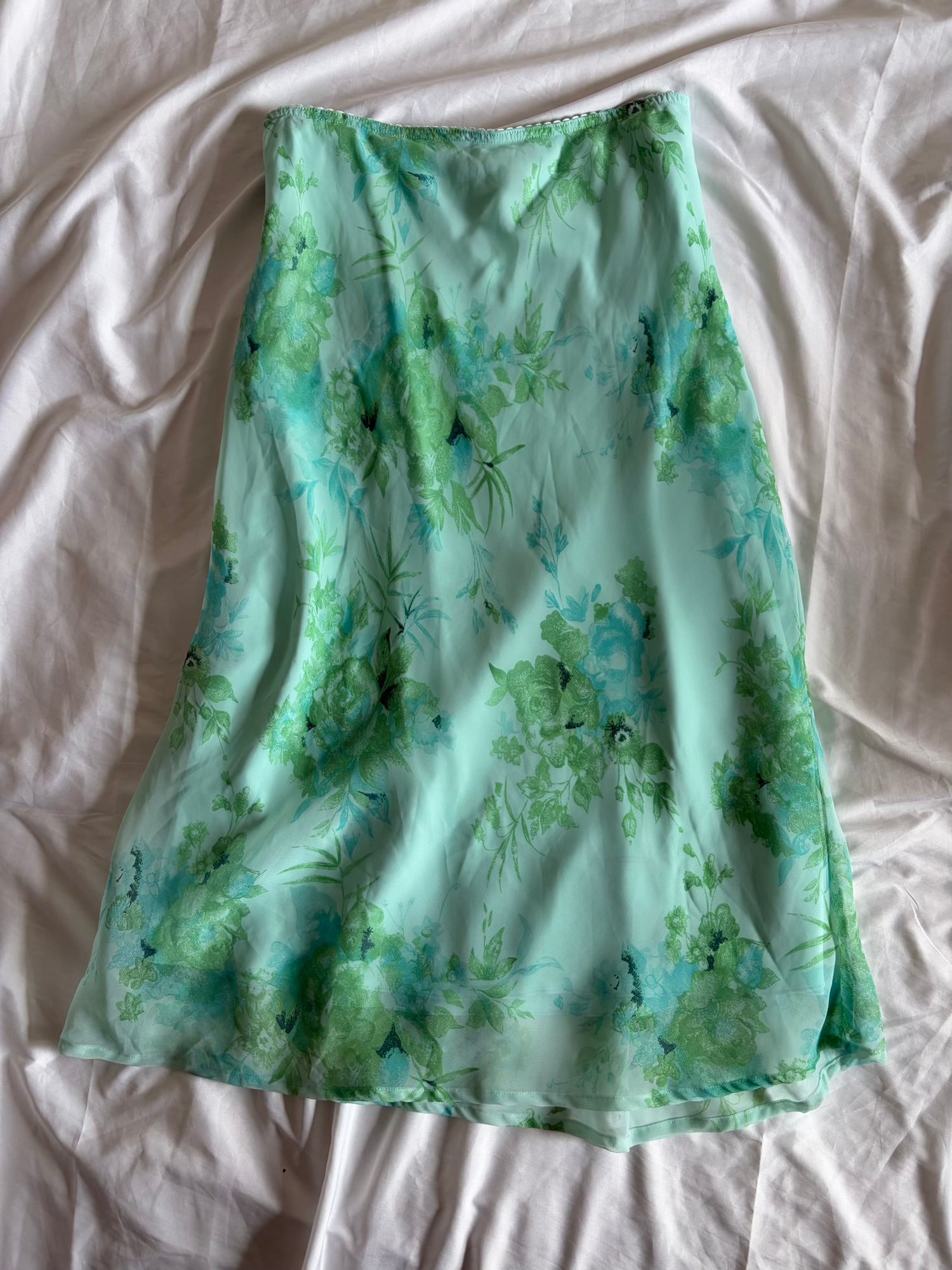 Vintage 1990s Turquoise and Green Floral Midi Skirt