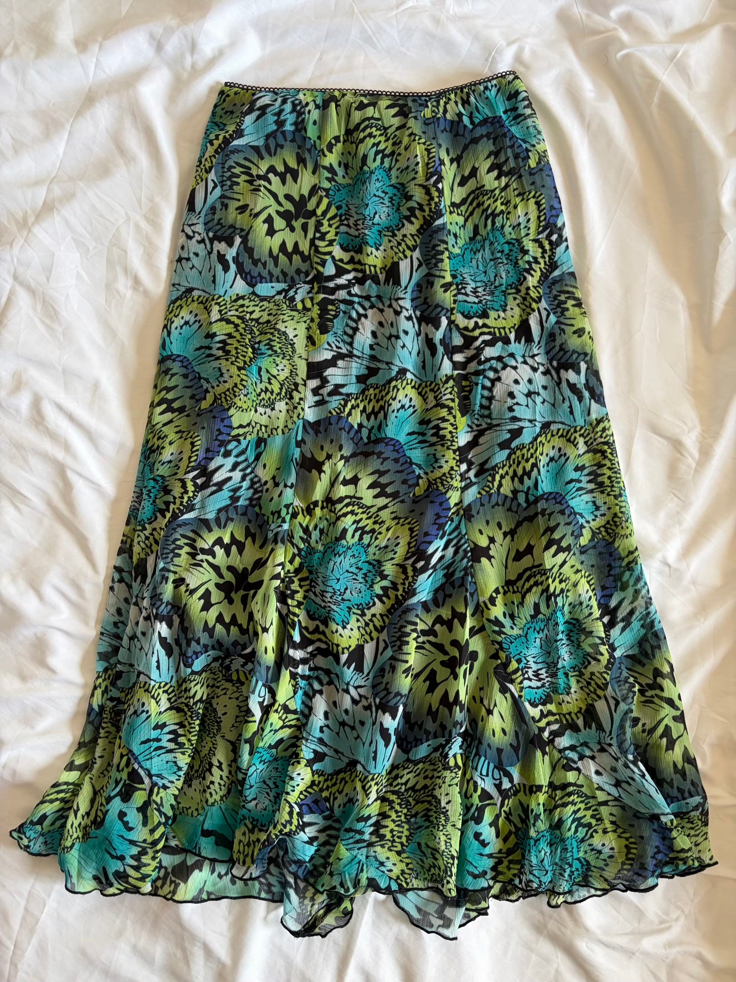 Vintage 1990s Green and Blue Floaty Hem Skirt with Picot Elastic Waist