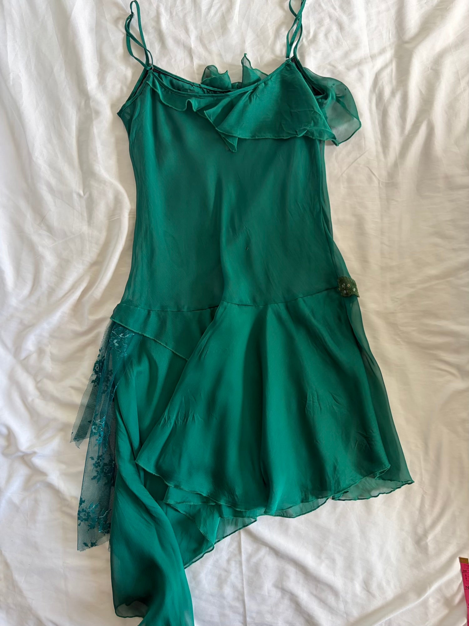 Vintage Y2K Teal Fairy Sheer Mini Asymmetrical Hem Dress with Lace and Sequins