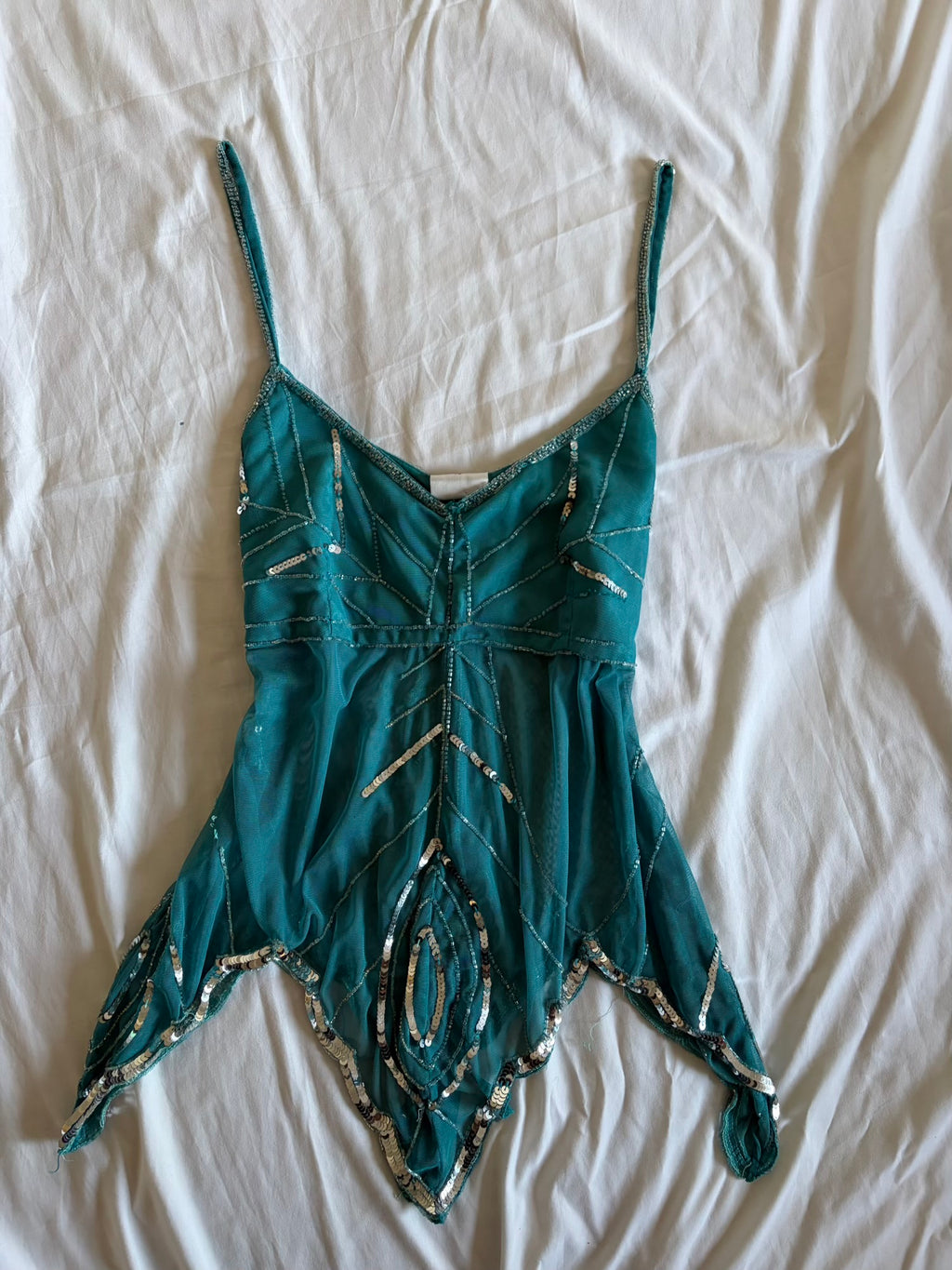 Vintage Y2K Teal Handkerchief Hem Sequin and Beaded Cami