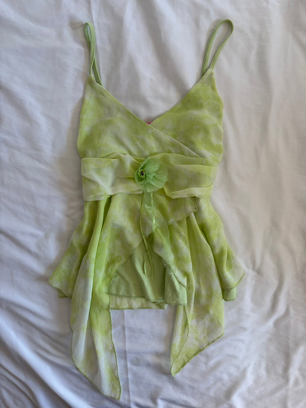 Vintage Y2K Neon Green Handkerchief Hem Cami with Floral Brooch
