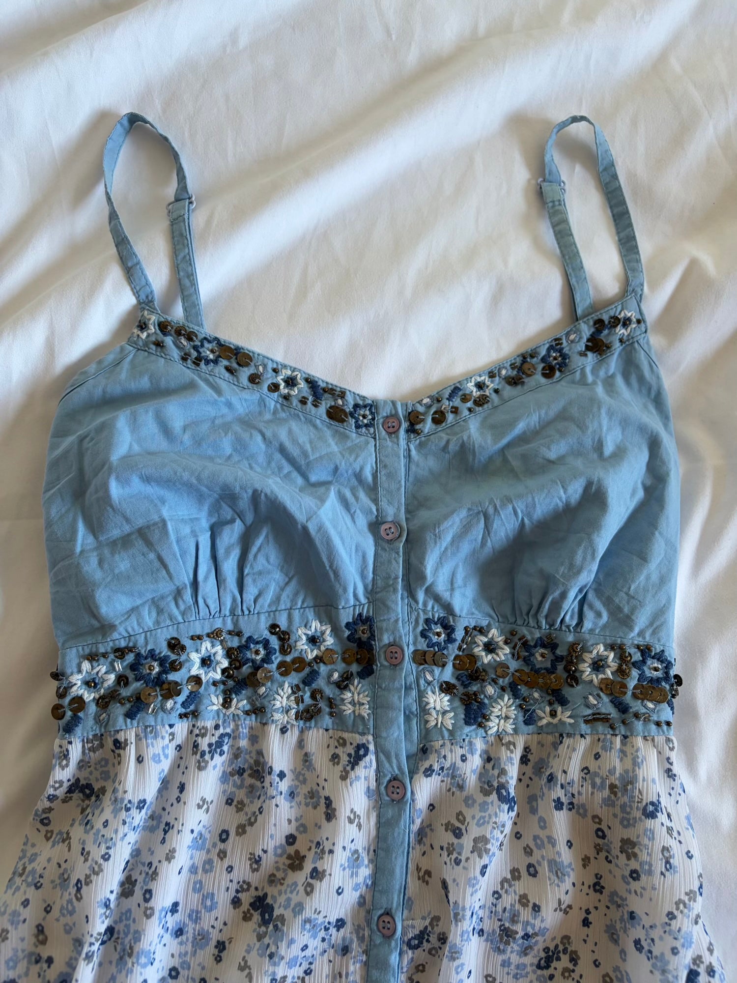 Vintage Y2K blue floral babydoll mini dress with embellishment and ruffle hem