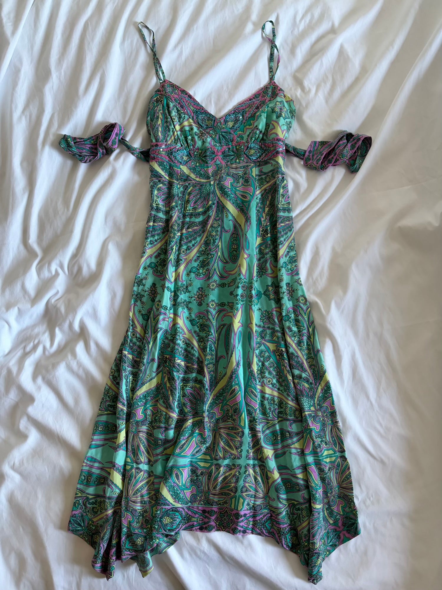 Vintage Y2K paisley silk tie back midi dress with beaded and sequin detail and handkerchief hem