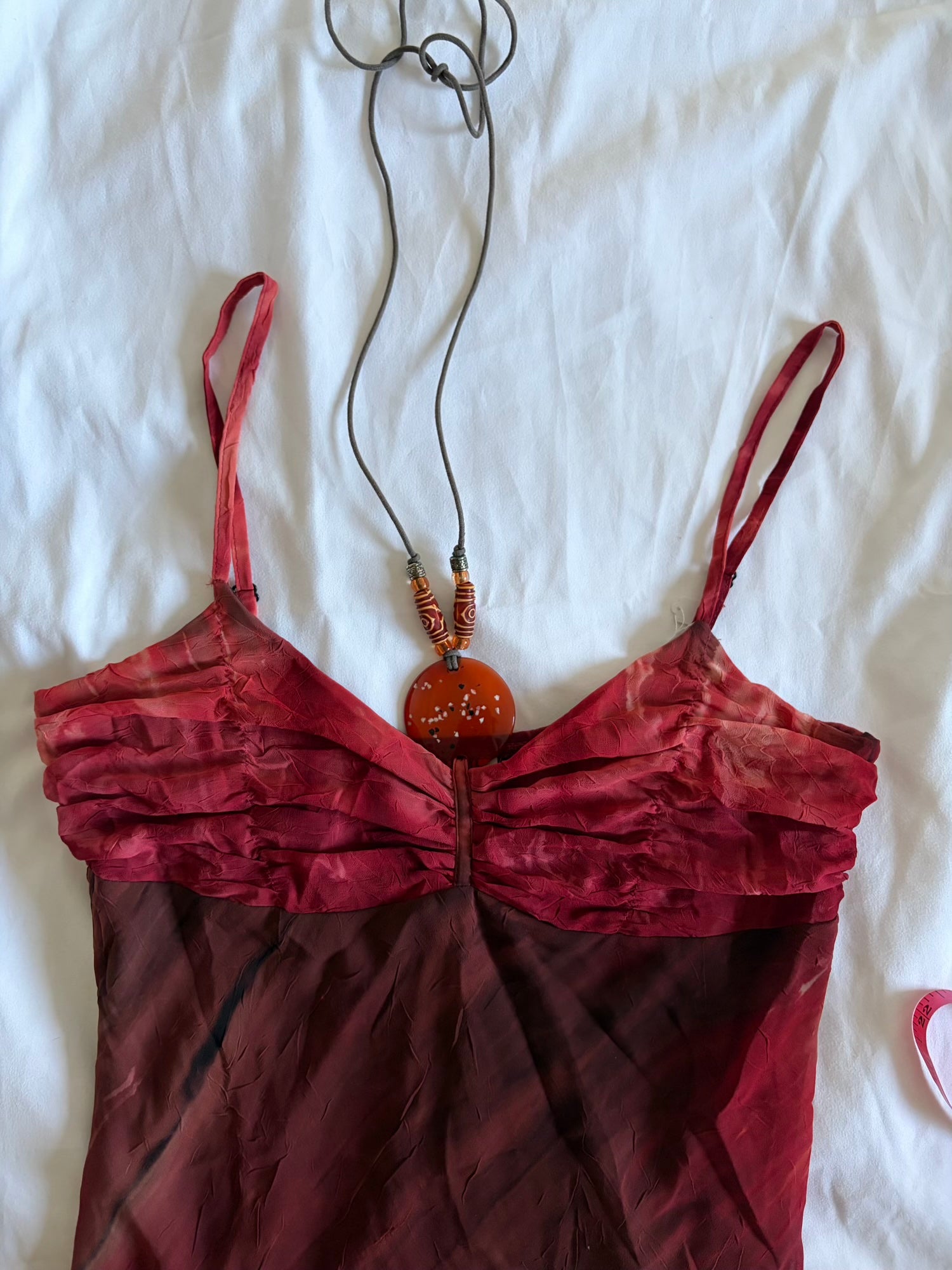 Vintage Y2K handkerchief hem brown and red tie dye ruched bust dress with pendant and beaded detail