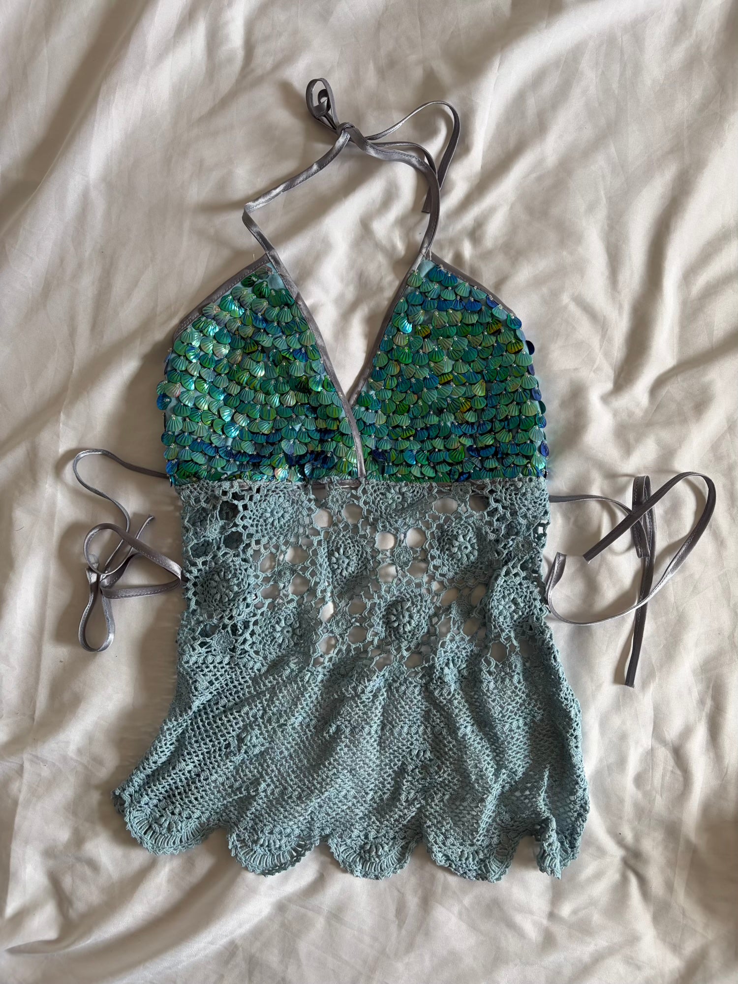 Handmade Turquoise Crochet Backless Halter and Mini Skirt Set