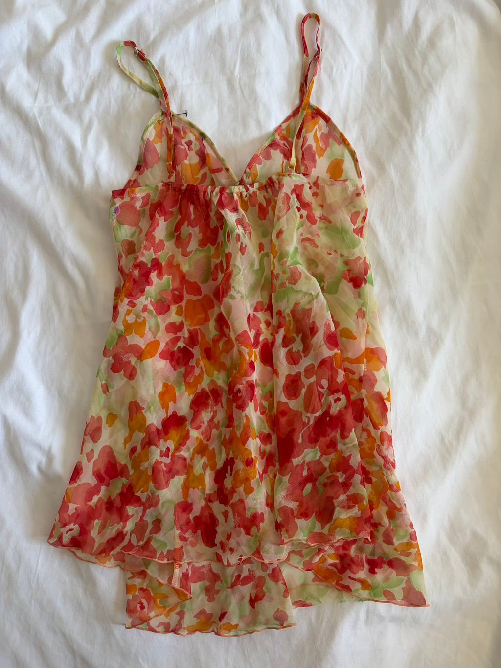 Vintage 1990s orange romantic floral floaty sheer ultra mini dress