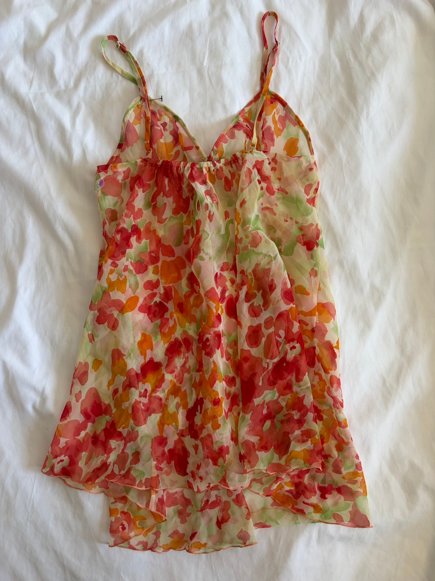 Vintage 1990s orange romantic floral floaty sheer ultra mini dress