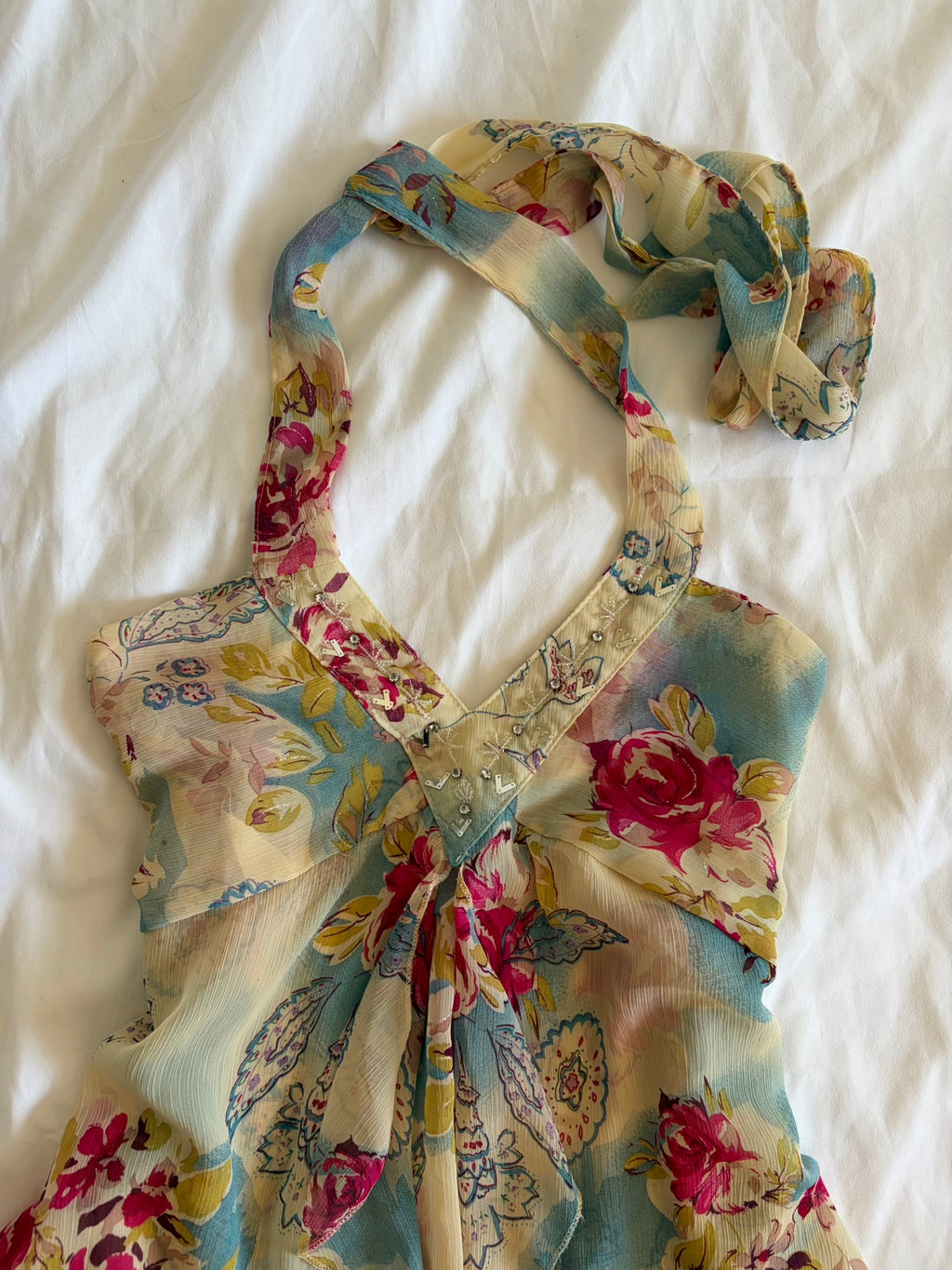 Vintage Y2K Japanese floral floaty fairy halterneck cami with beaded detailing
